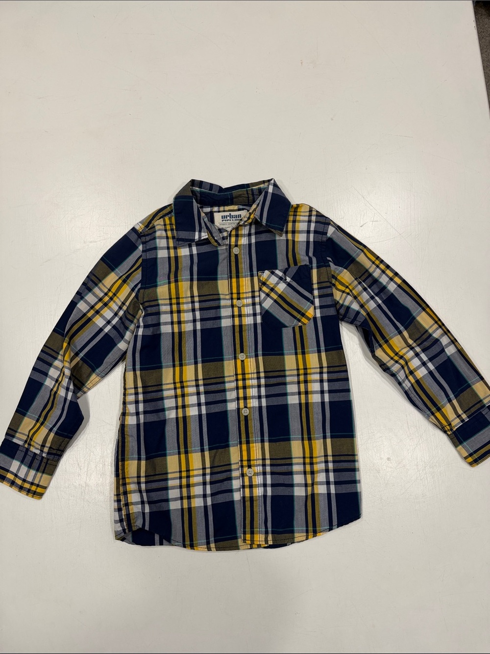 urban pipeline Navy, Yellow & White Plaid Button-Down Shirt for Kids